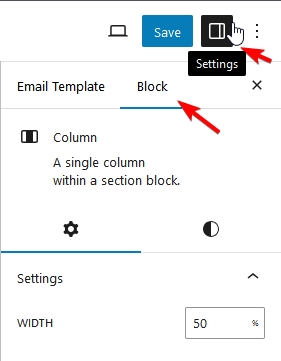 Email block settings panel access in WordPress Gutenberg editor