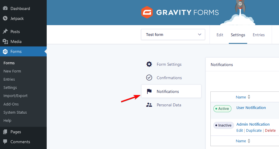 Gravity Forms notifications tab in form settings